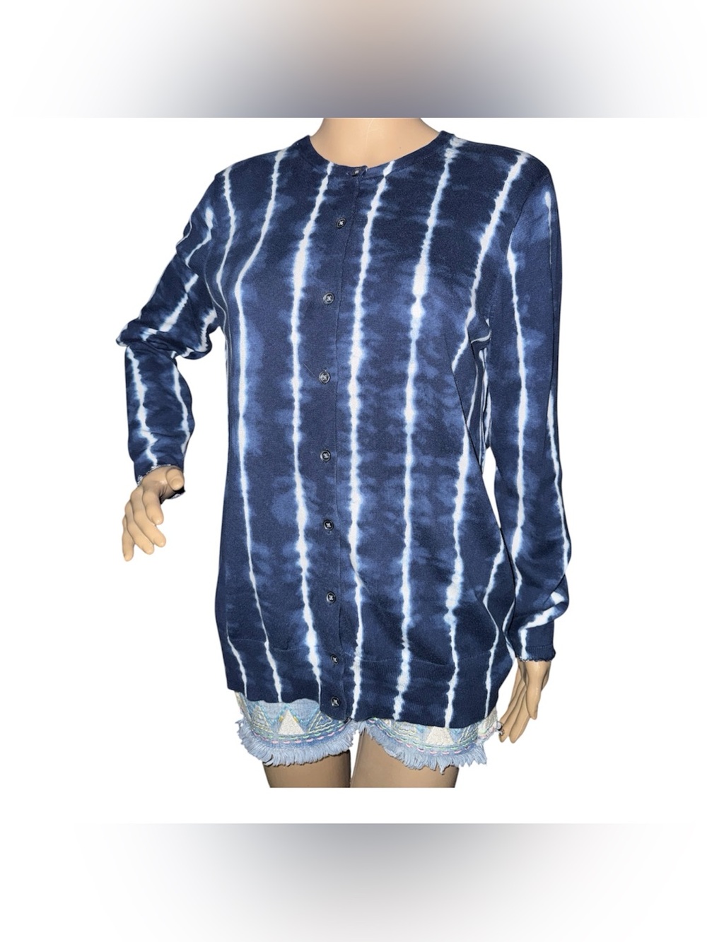 Lands' End Navy White Vertical Tie-Dye Button light sweater Cardigan 100% Cotton